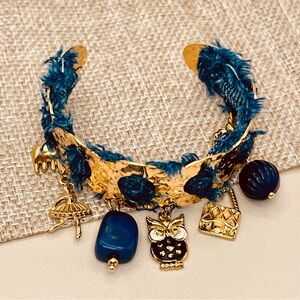 Gold & Blue Denim Owl- Ballerina - Purse -Elephant Dangling Charms Cuff Bracelet